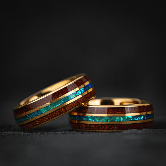 8mm Comfort Fit Tungsten Ring | Whiskey & Aquamarine Inlay