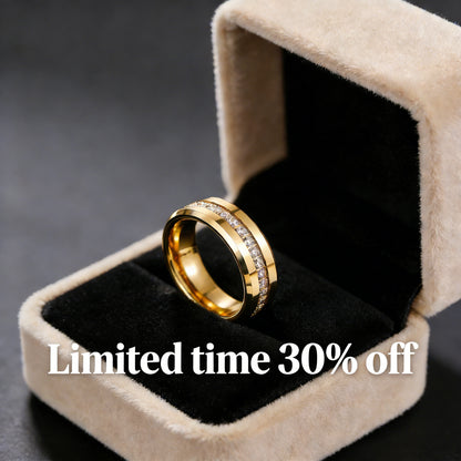 Gold Tungsten Steel Ring 8mm - Sparkling Zircon Inlaid | Scratch Resistant | Half Sizes