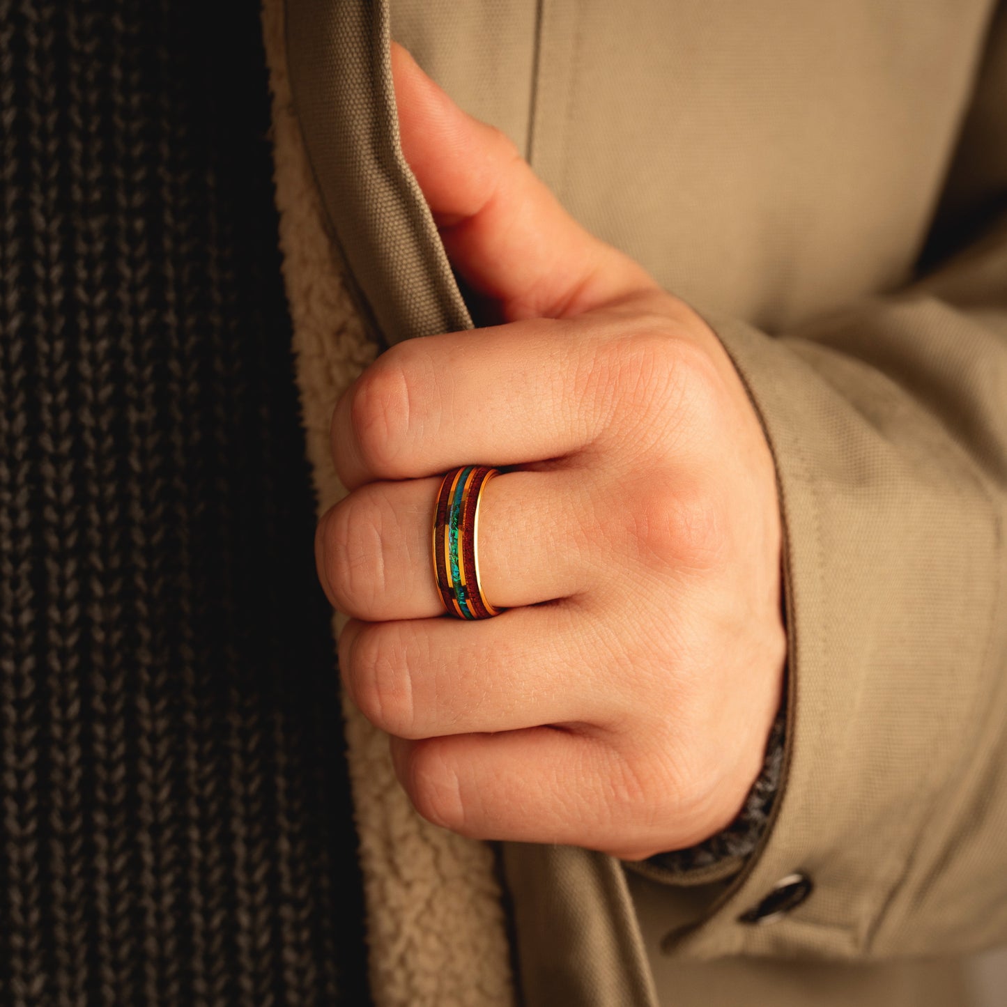 8mm Comfort Fit Tungsten Ring | Whiskey & Aquamarine Inlay