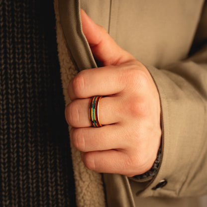 8mm Comfort Fit Tungsten Ring | Whiskey & Aquamarine Inlay