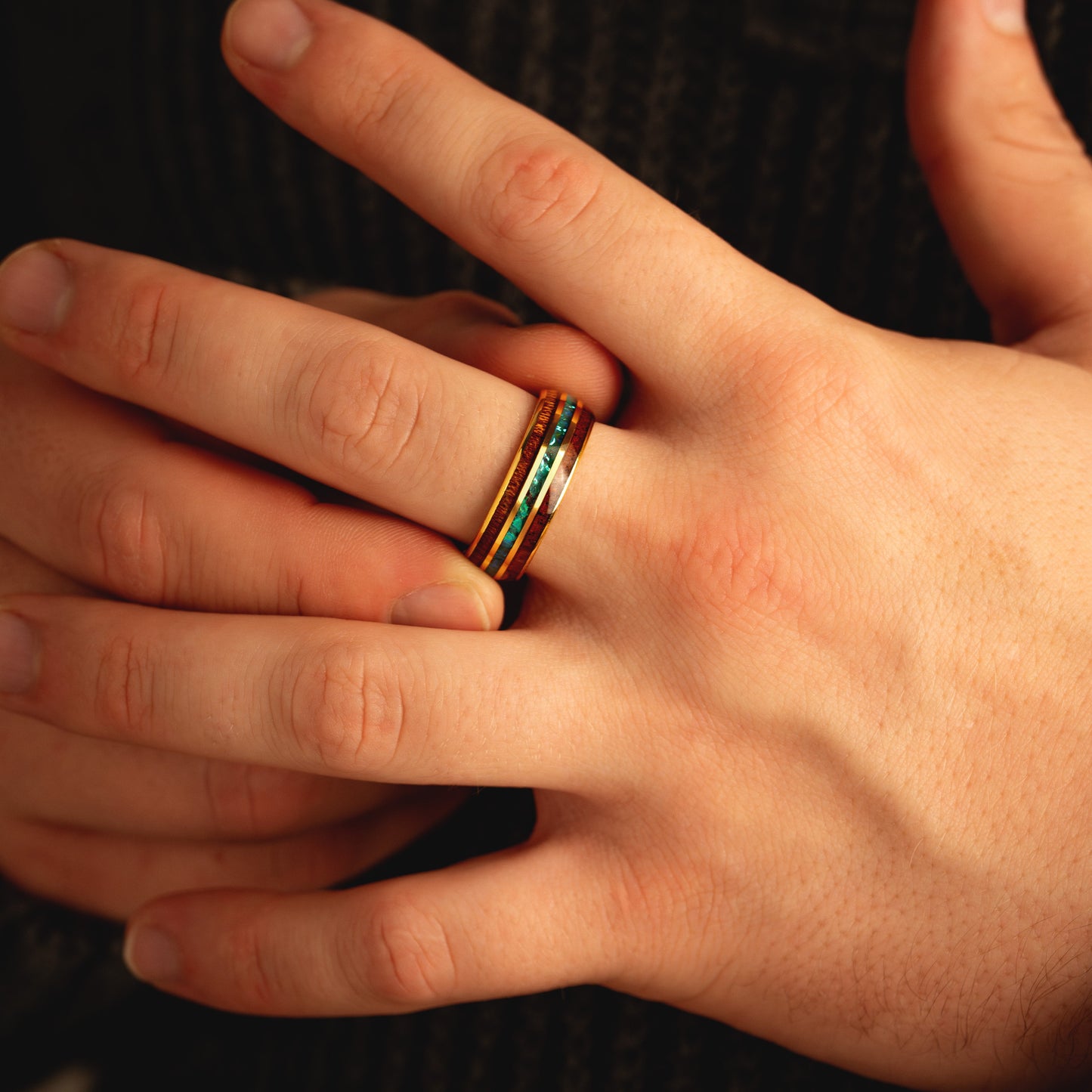 8mm Comfort Fit Tungsten Ring | Whiskey & Aquamarine Inlay