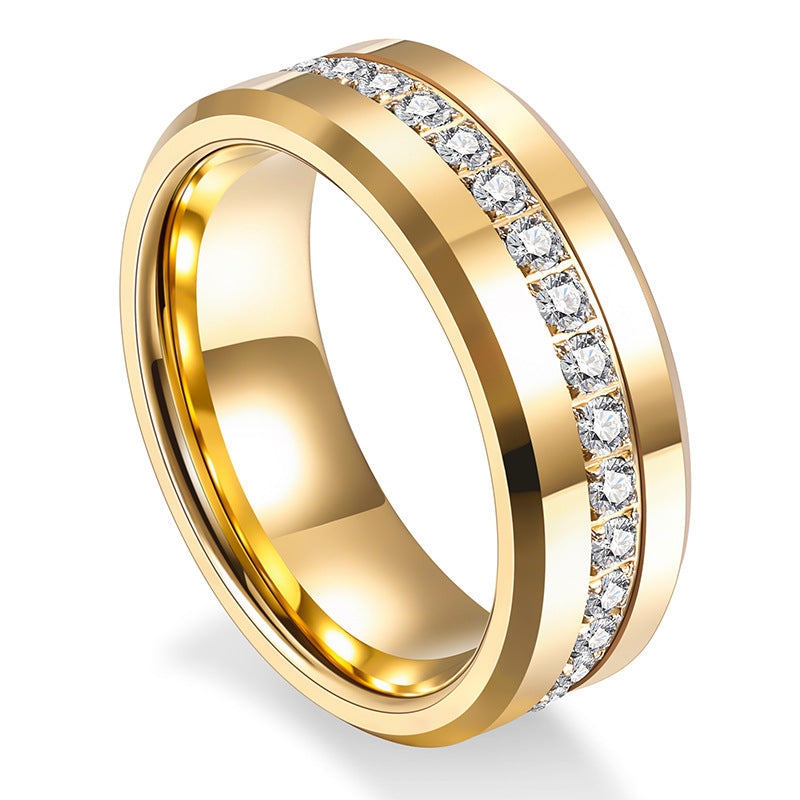 Gold Tungsten Steel Ring 8mm - Sparkling Zircon Inlaid | Scratch Resistant | Half Sizes