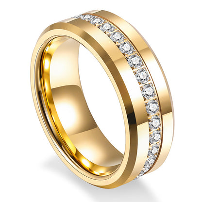 Gold Tungsten Steel Ring 8mm - Sparkling Zircon Inlaid | Scratch Resistant | Half Sizes
