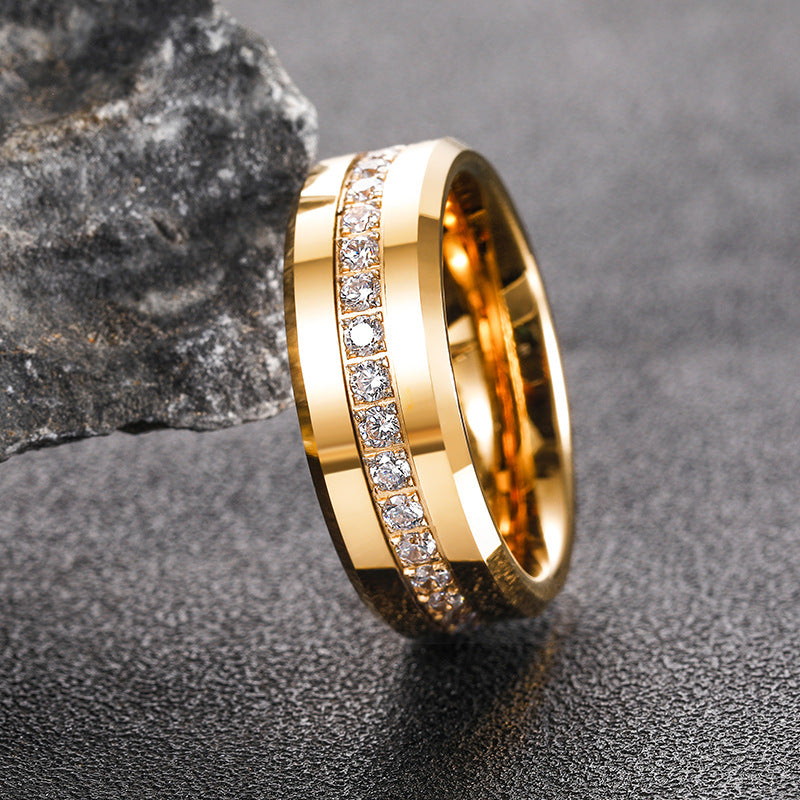 Gold Tungsten Steel Ring 8mm - Sparkling Zircon Inlaid | Scratch Resistant | Half Sizes