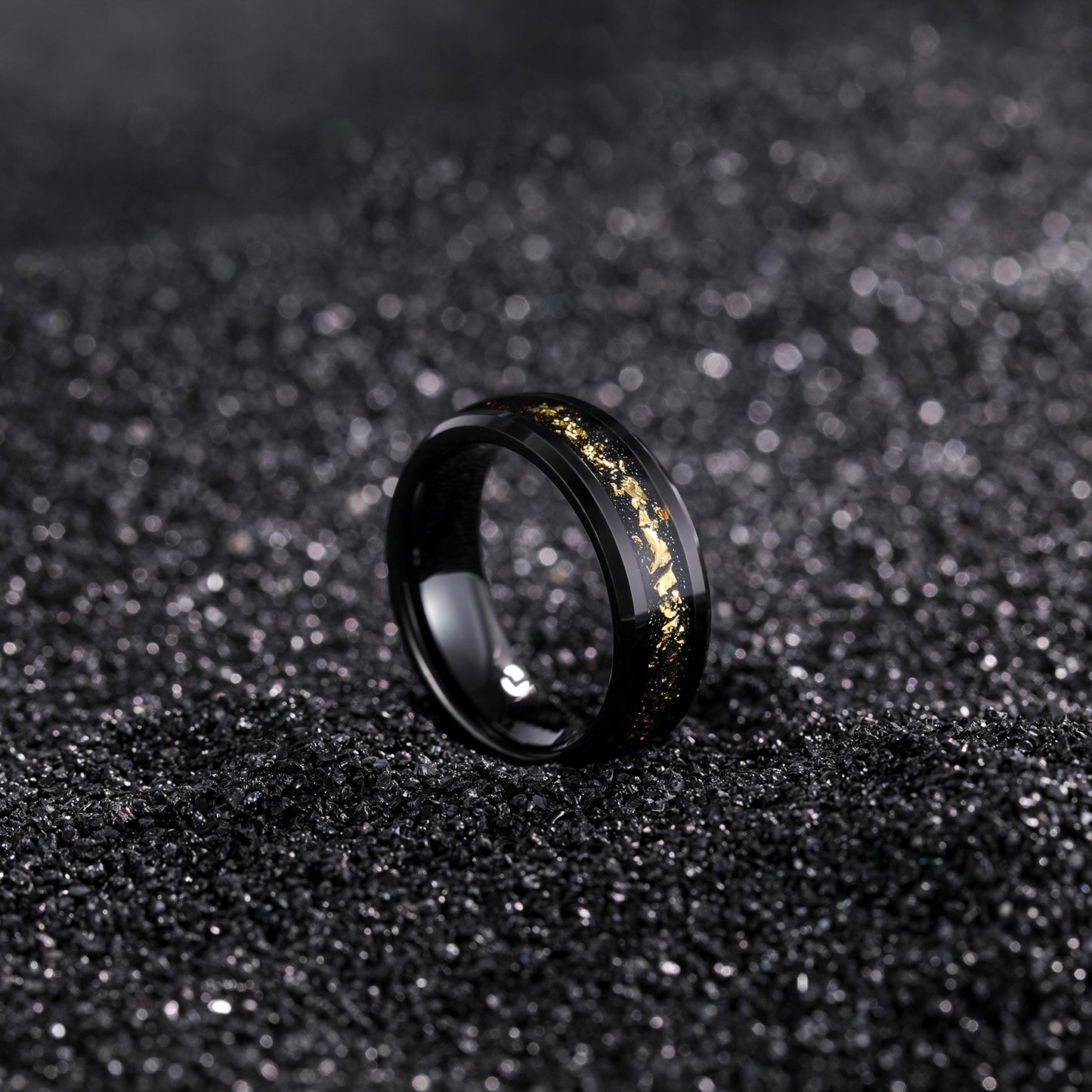 18K Goldfolie Wolframstahlring 8mm Schwarz | Unisex, Kratzfest, Breite Band