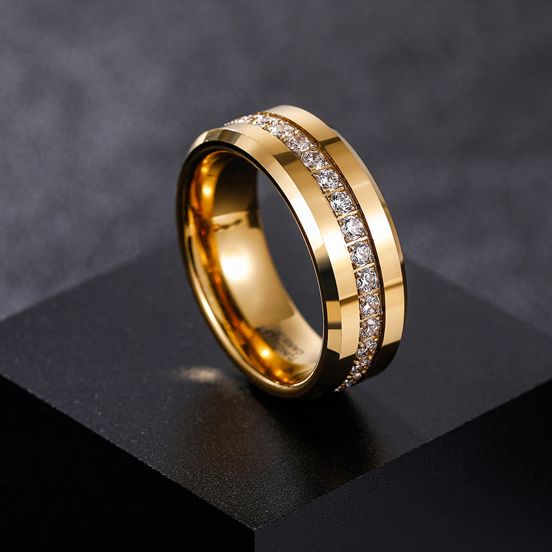 Gold Tungsten Steel Ring 8mm - Sparkling Zircon Inlaid | Scratch Resistant | Half Sizes