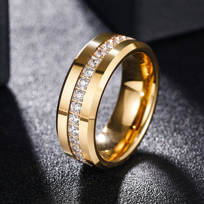 Gold Tungsten Steel Ring 8mm - Sparkling Zircon Inlaid | Scratch Resistant | Half Sizes